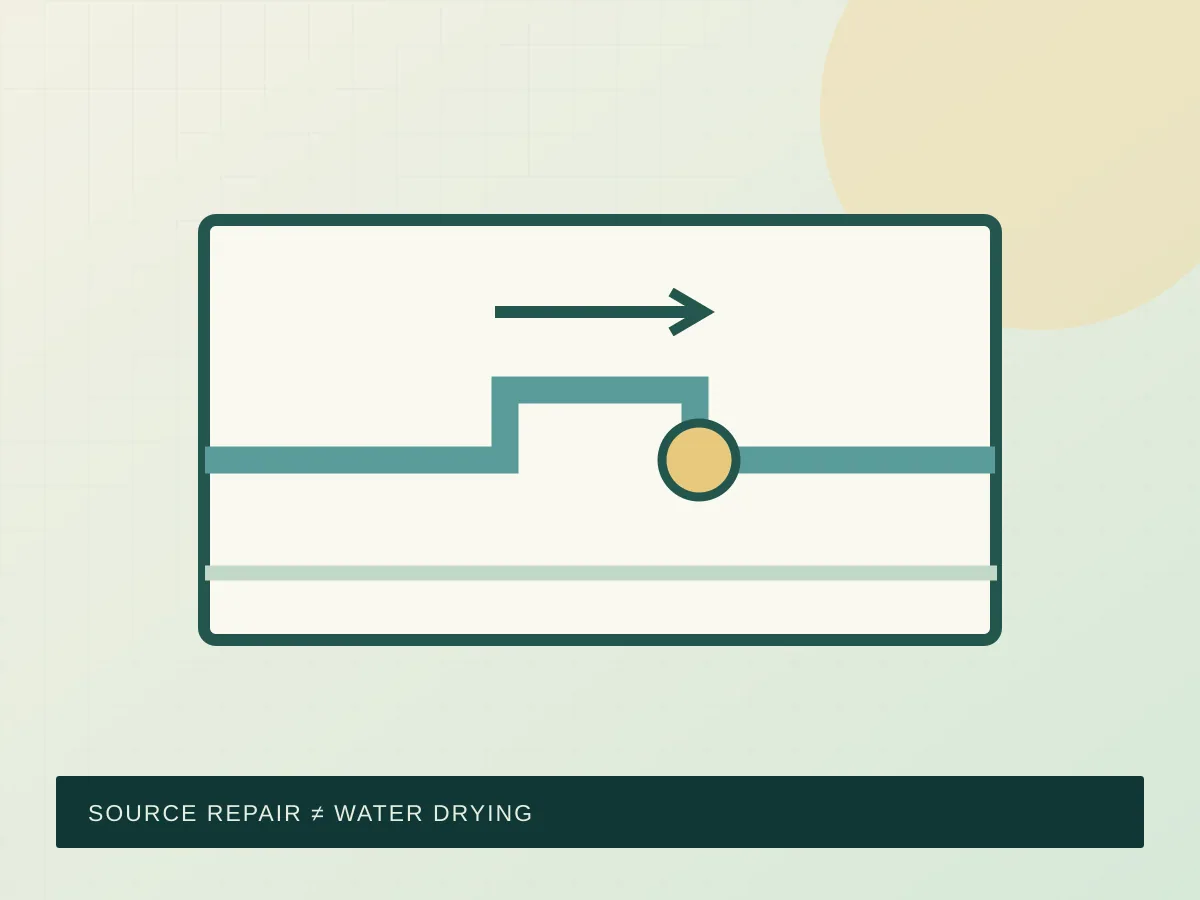 Diagram separating a water line source from later moisture assessment; not a real Kuna building